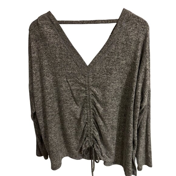 Lucky Brand Cloud Soft Deep V Neck Top Sz Large Ruched Back w/ Tie Marbled Gray - Picture 2 of 6